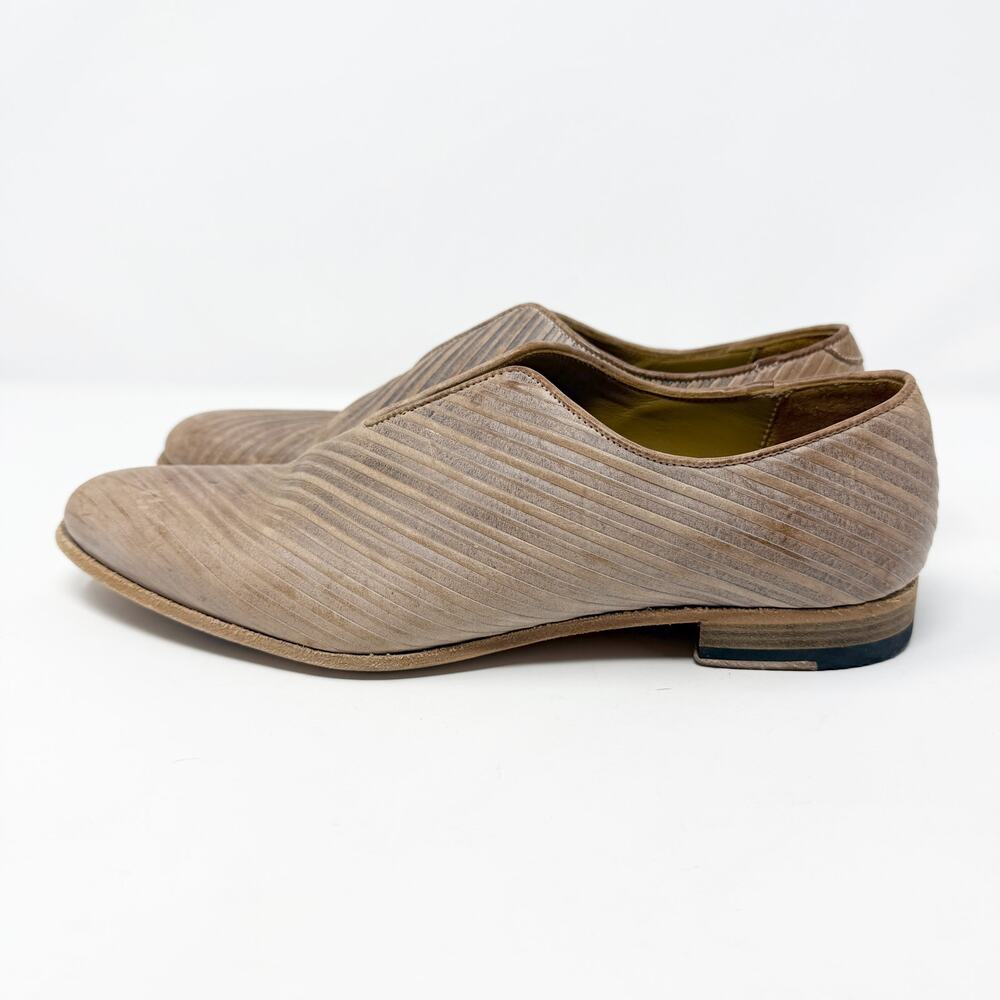 Billy Reid Tan Tooled Leather Striped Slip Ons Women's Sz 9.5 EUC Made in Italy - Picture 3 of 9